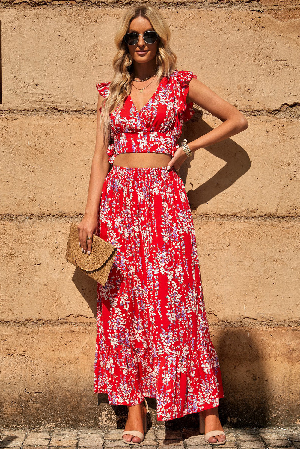 Printed Tie Back Cropped Top and Maxi Skirt Set - nailedmoms