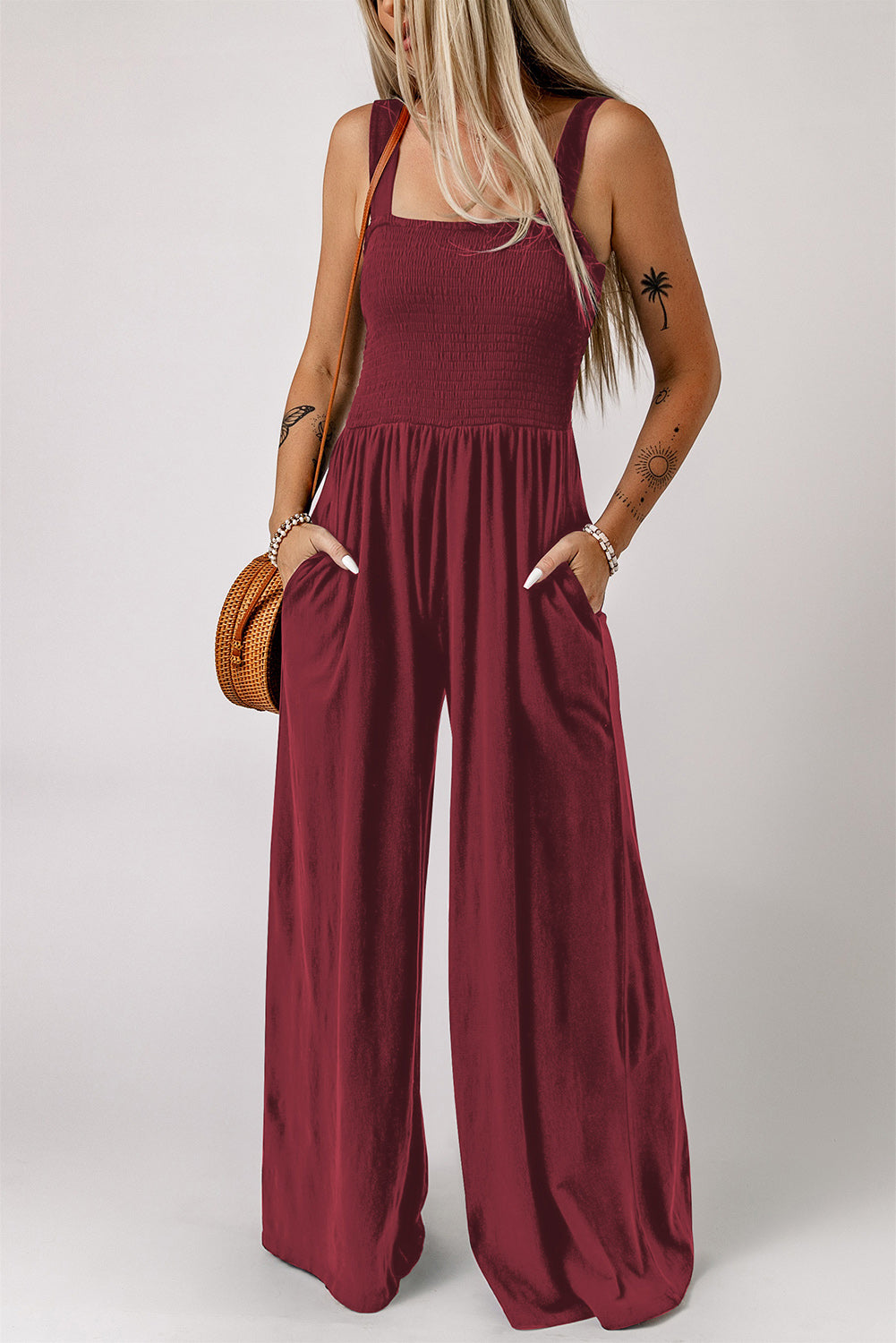 Smocked Square Neck Wide Leg Jumpsuit with Pockets - nailedmoms