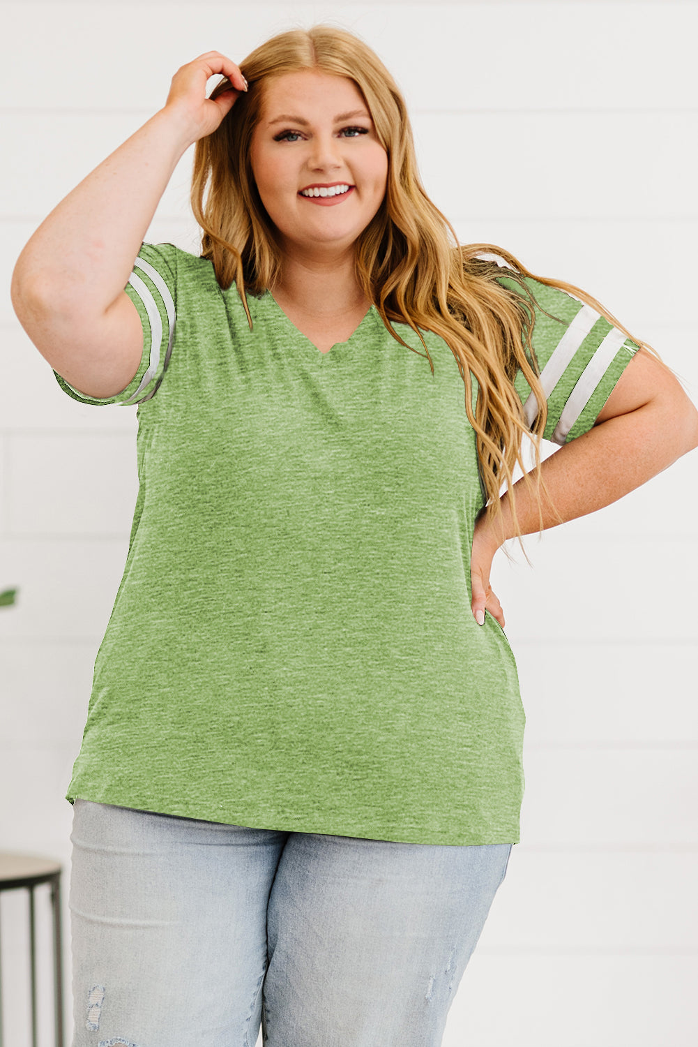 Plus Size Striped V-Neck Tee Shirt - nailedmoms