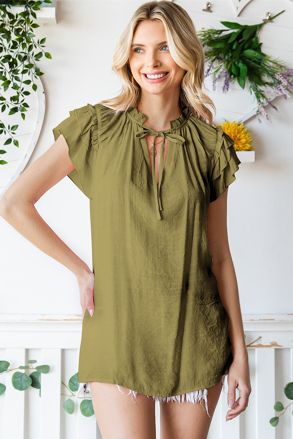 Tie-Neck Flutter Sleeve Blouse - nailedmoms