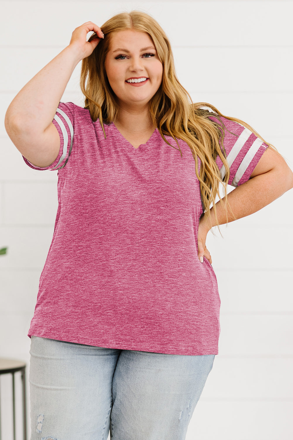 Plus Size Striped V-Neck Tee Shirt - nailedmoms
