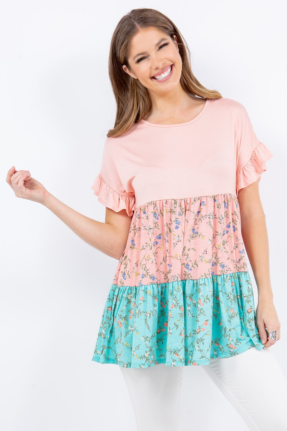 Celeste Full Size Floral Color Block Ruffled Short Sleeve Top