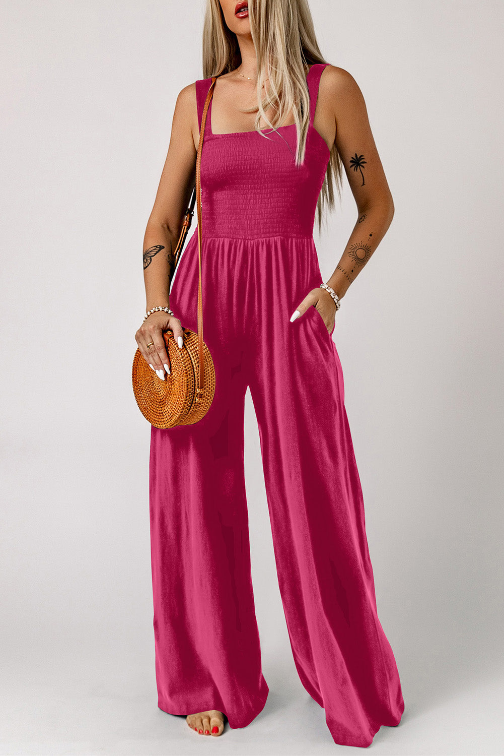 Smocked Square Neck Wide Leg Jumpsuit with Pockets - nailedmoms