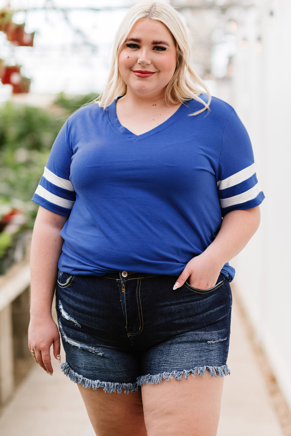 Plus Size Striped V-Neck Tee Shirt - nailedmoms