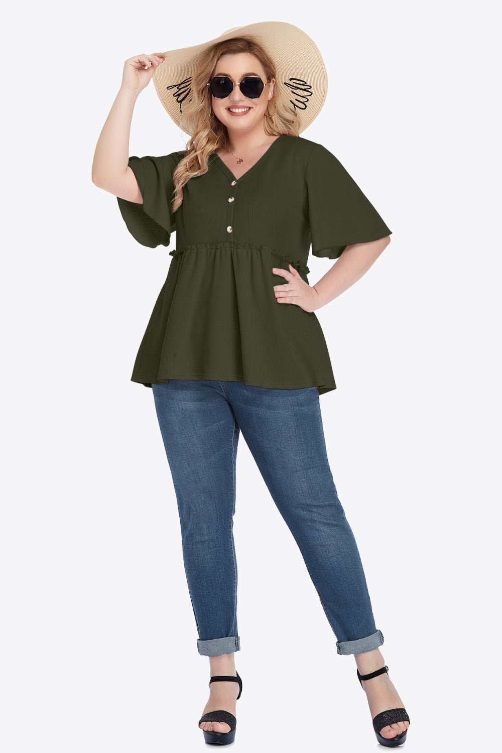 Plus Size Buttoned V-Neck Frill Trim Babydoll Blouse - nailedmoms