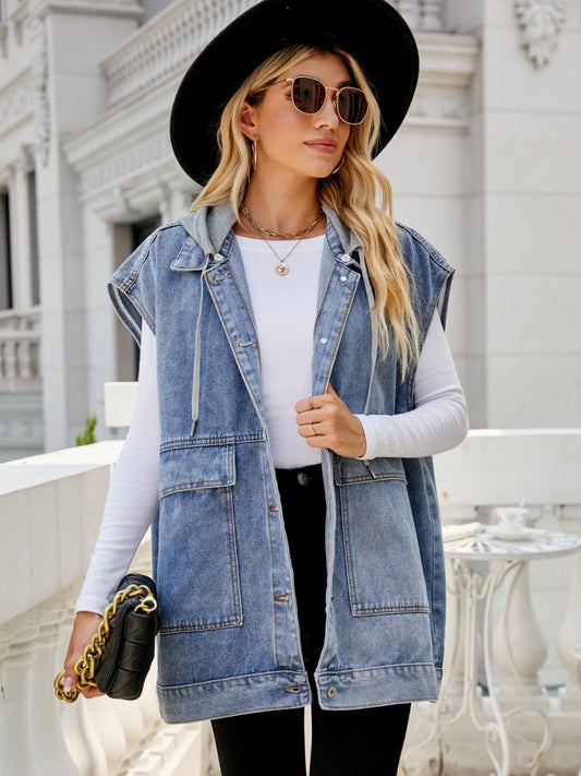 Hooded Sleeveless Denim Top with Pockets - nailedmoms