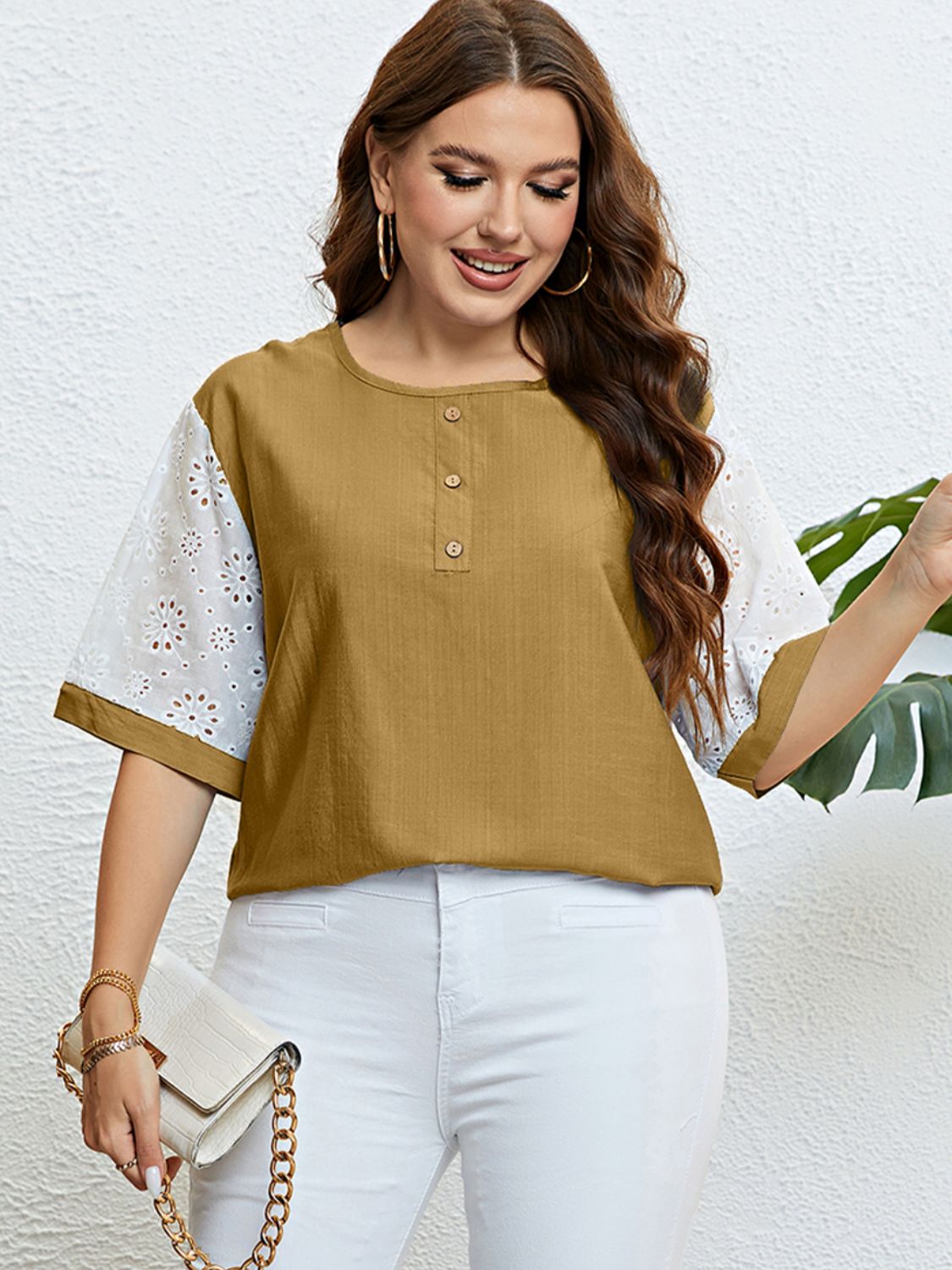 Plus Size Contrast Decorative Button Half Sleeve Top - nailedmoms