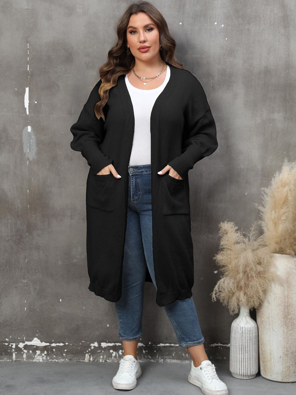 Plus Size Long Sleeve Pocketed Cardigan - nailedmoms