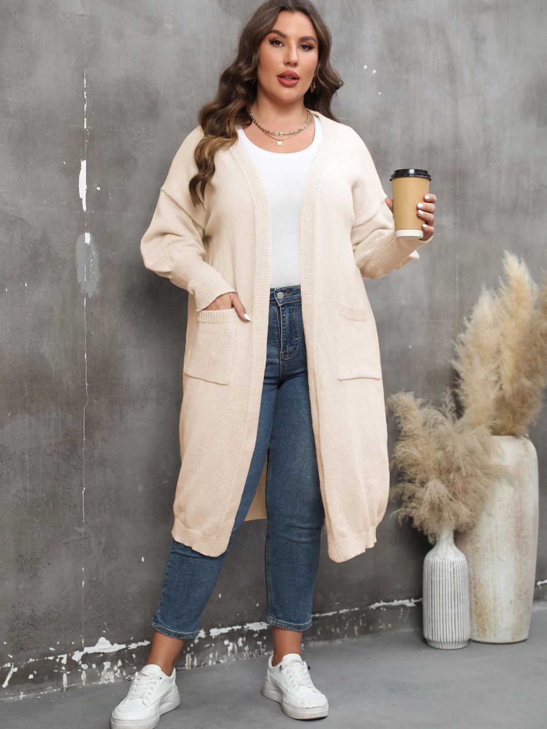 Plus Size Long Sleeve Pocketed Cardigan - nailedmoms