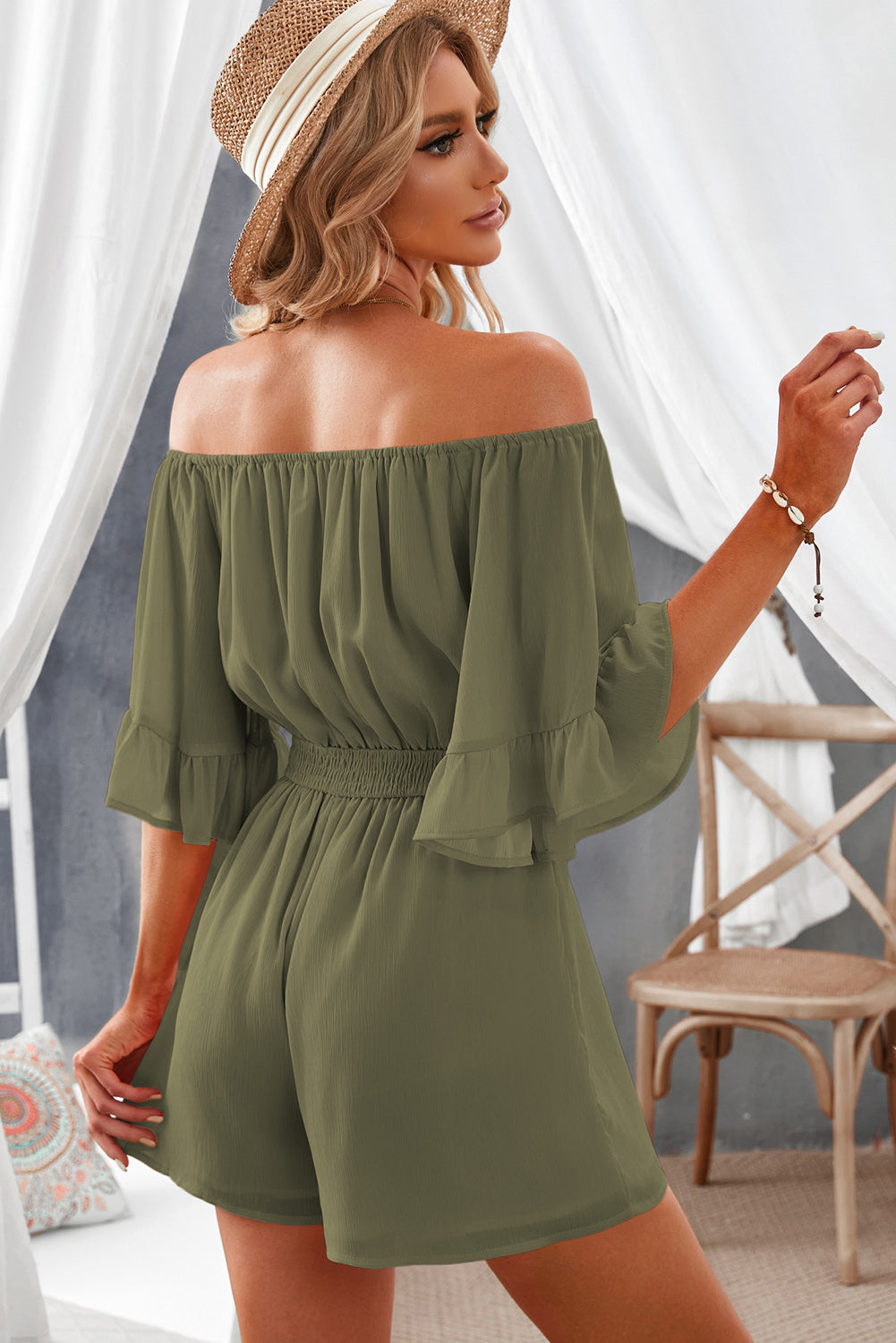 Off-Shoulder Smocked Waist Flounce Sleeve Romper - nailedmoms