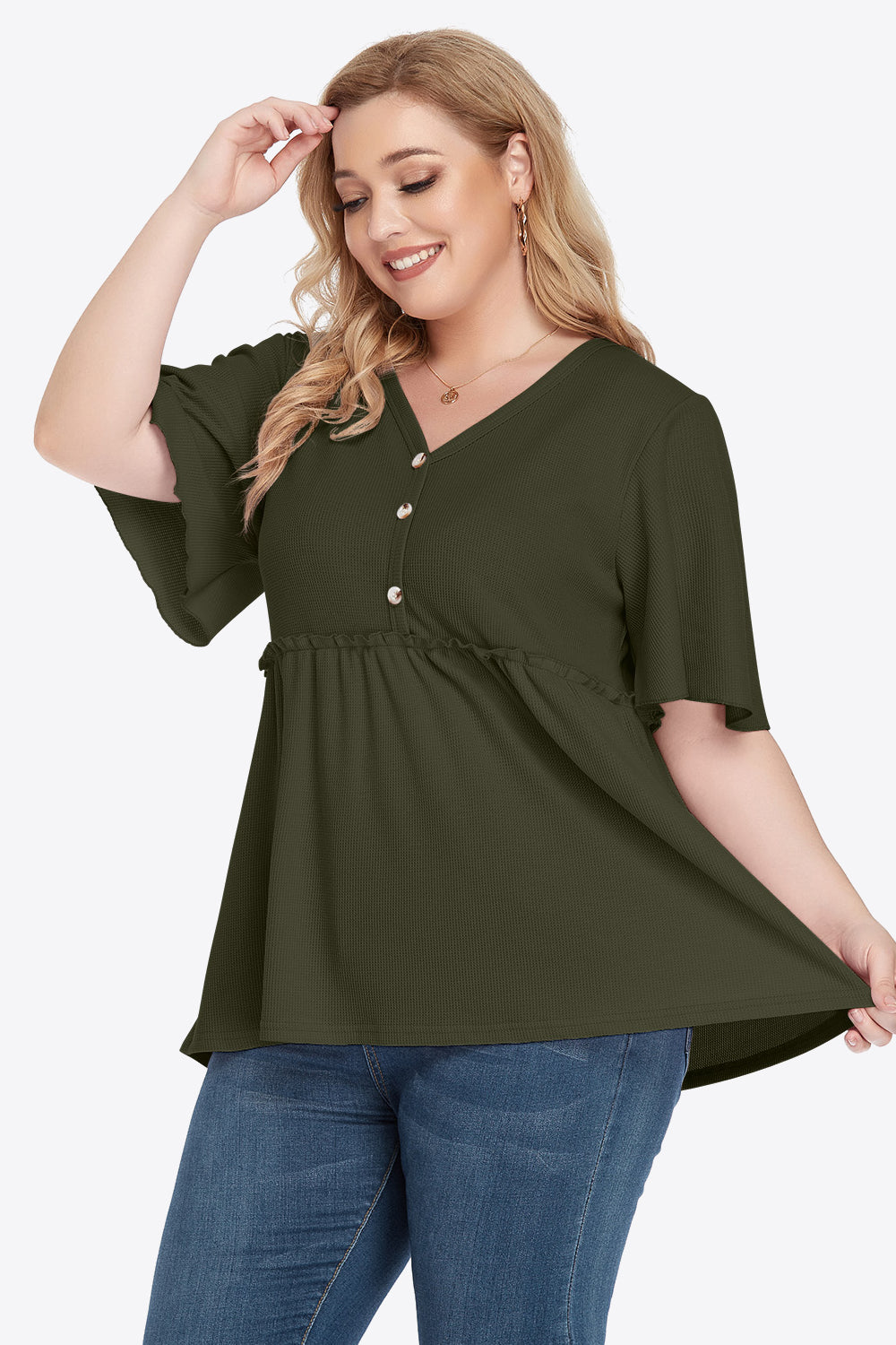 Plus Size Buttoned V-Neck Frill Trim Babydoll Blouse - nailedmoms