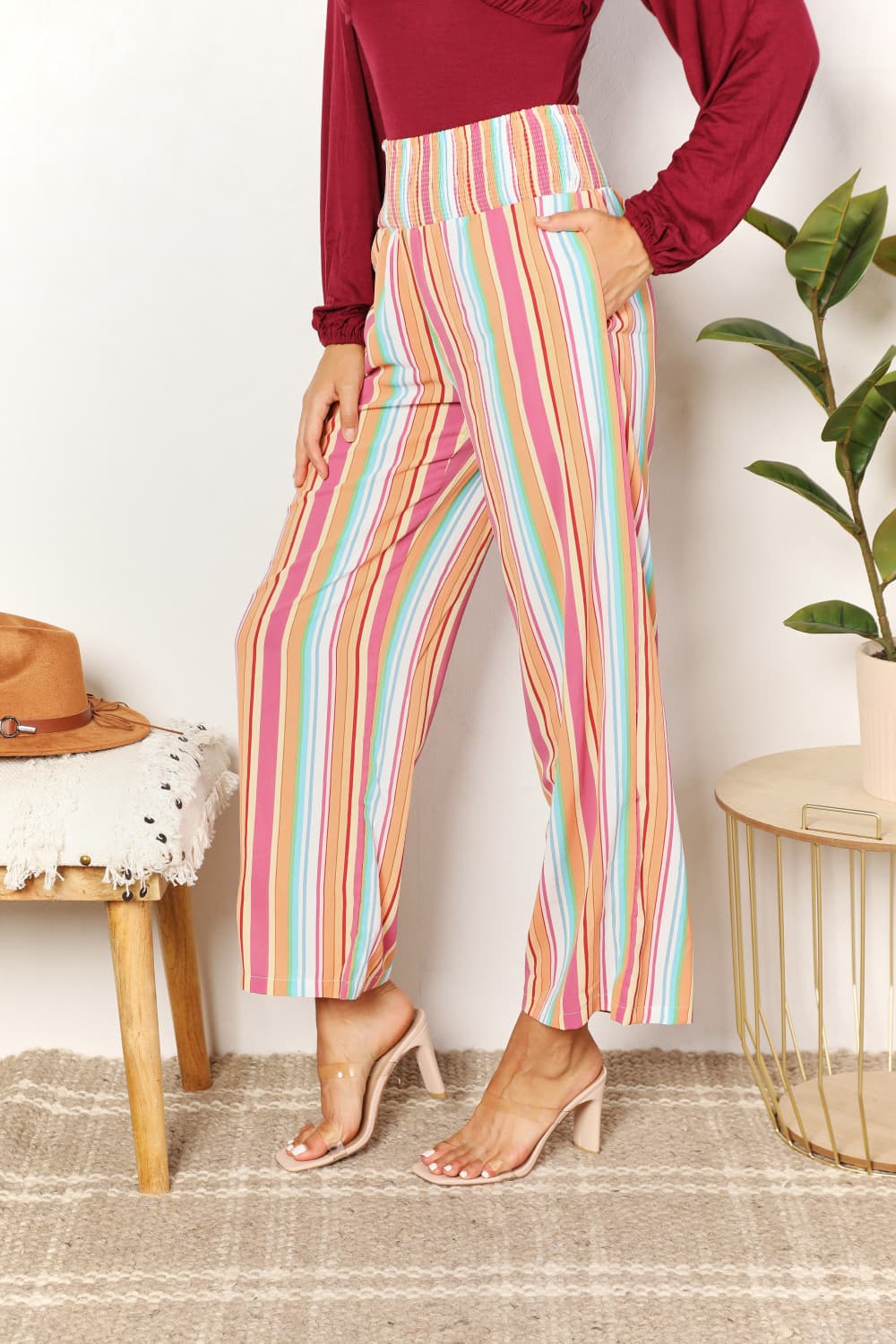 Double Take Striped Smocked Waist Pants with Pockets - nailedmoms