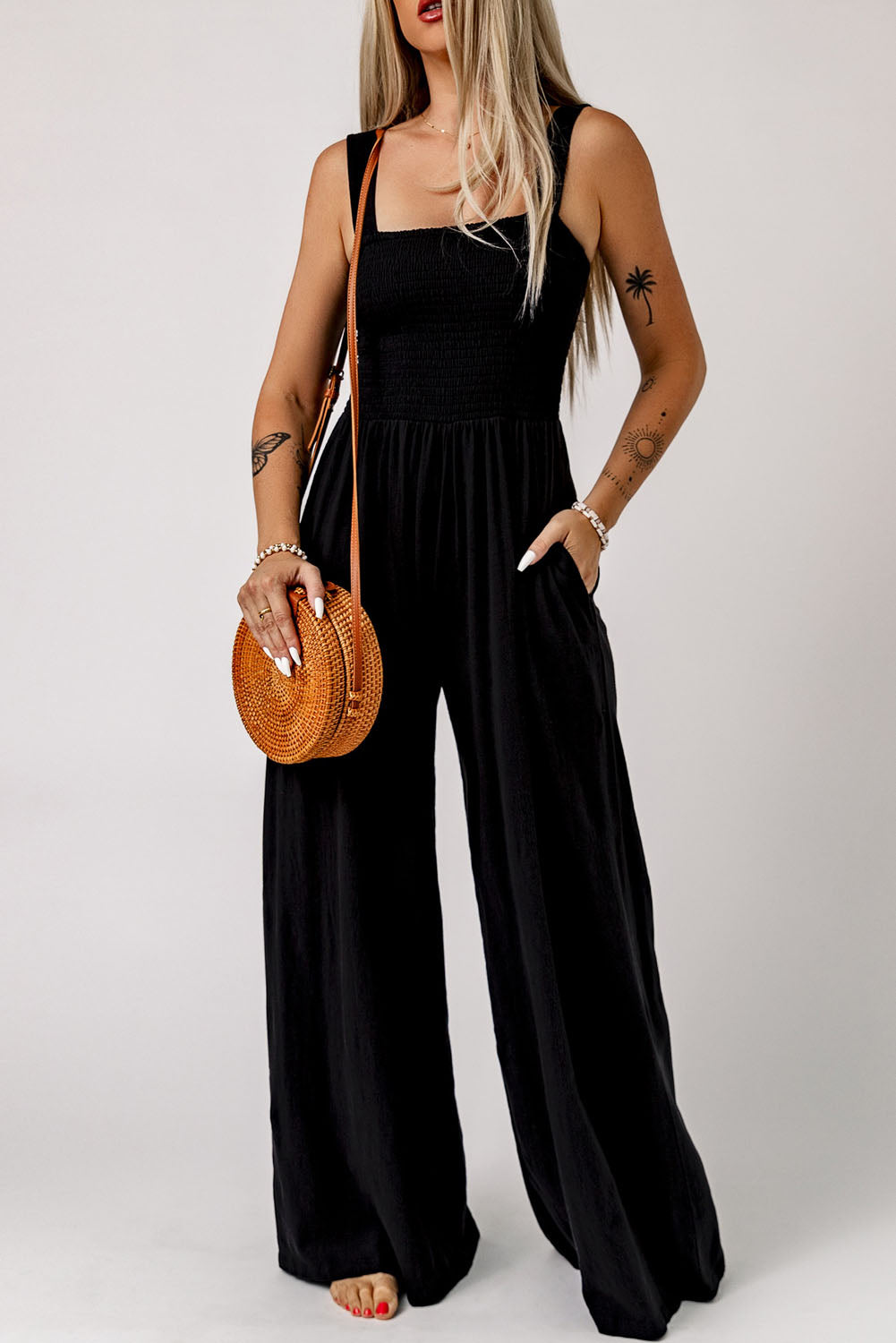 Smocked Square Neck Wide Leg Jumpsuit with Pockets - nailedmoms