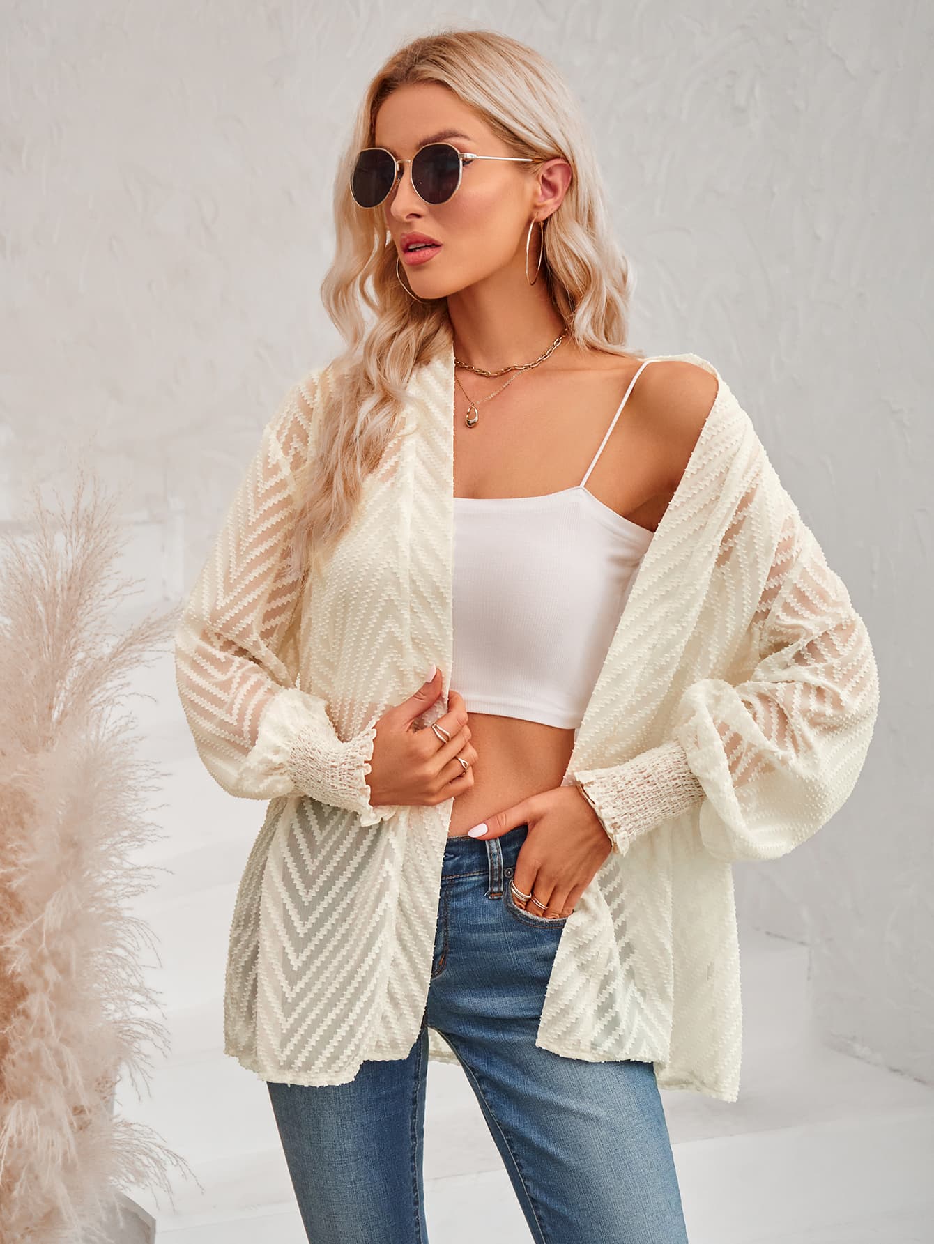 Lantern Sleeve Open Front Sheer Cardigan - nailedmoms