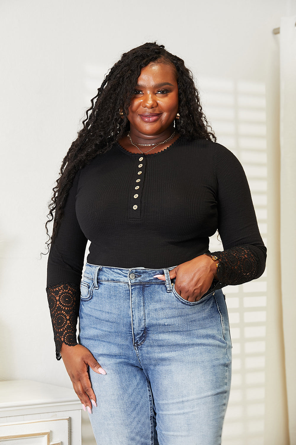 Double Take Crochet Lace Hem Sleeve Button Top - nailedmoms