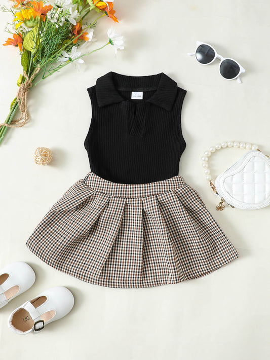 Girls Ribbed Sleeveless Top and Plaid Skirt Set - nailedmoms