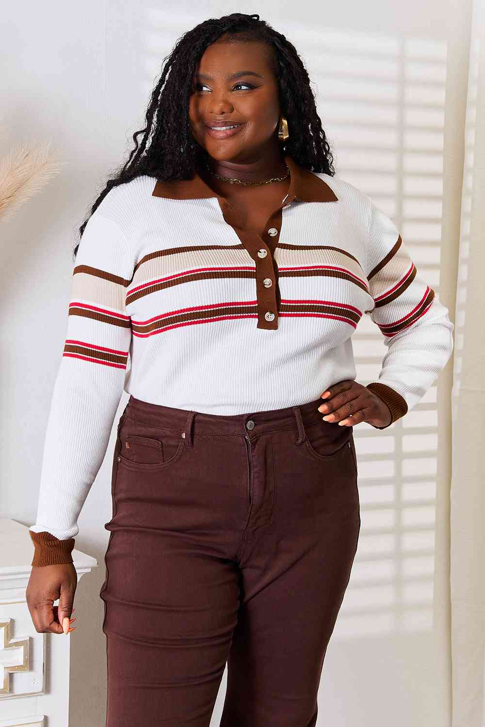 Basic Bae Striped Collared Neck Rib-Knit Top - nailedmoms