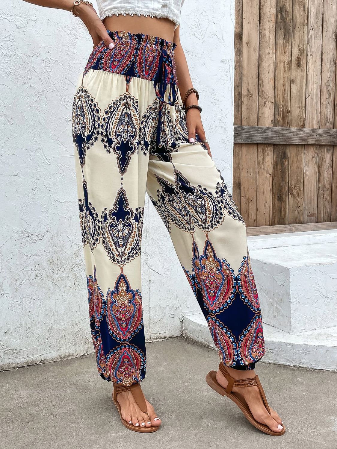 Printed Smocked High Waist Pants - nailedmoms