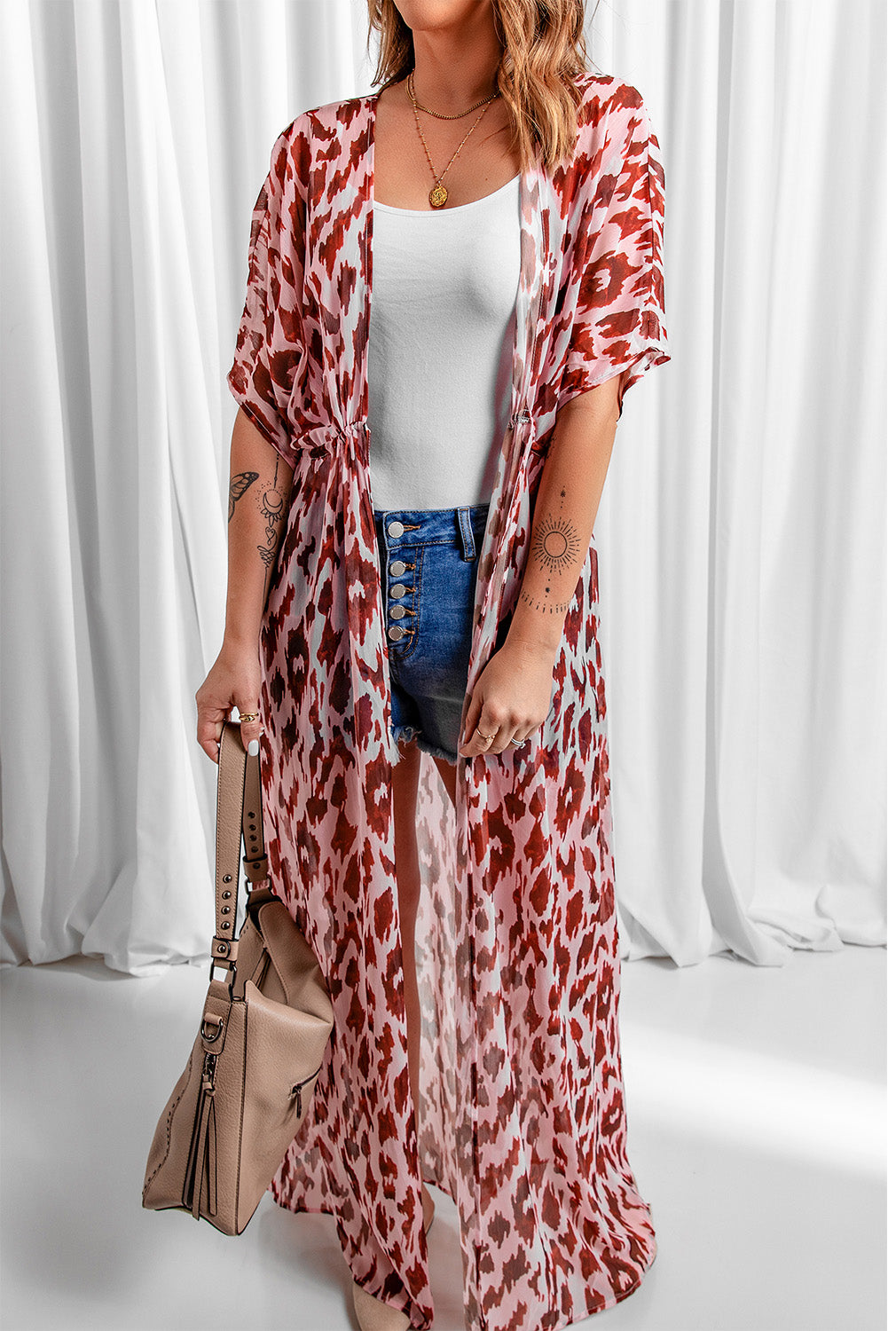Animal Print Half Sleeve Duster Cardigan - nailedmoms