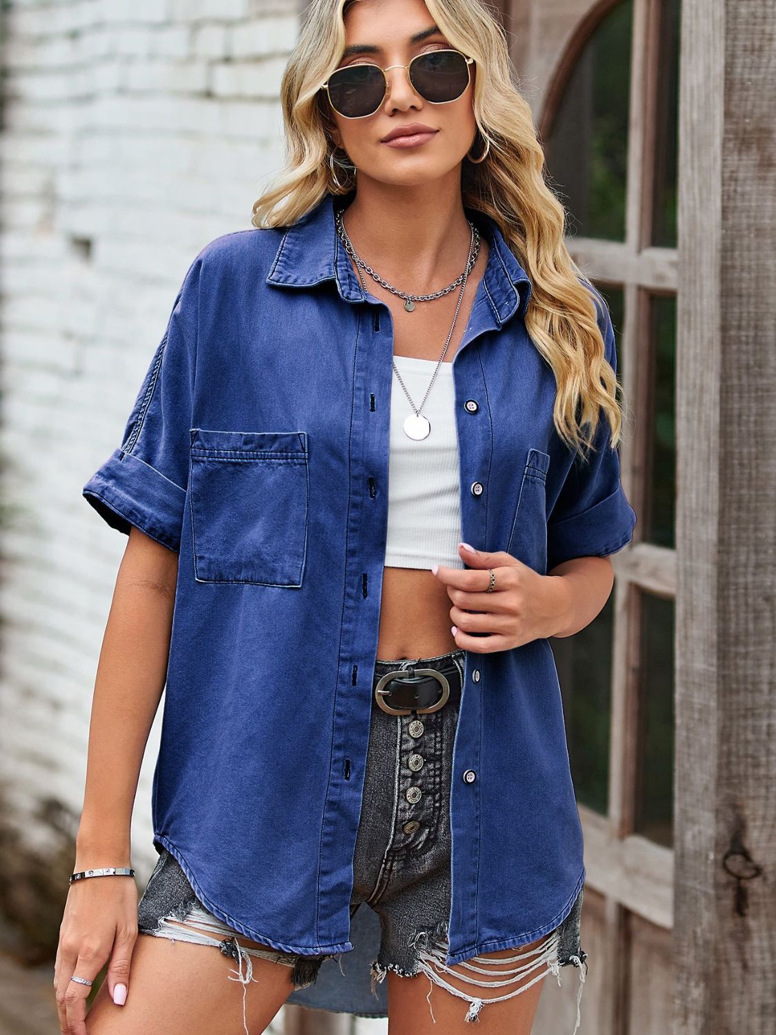 Collared Neck Denim Jacket with Pockets - nailedmoms