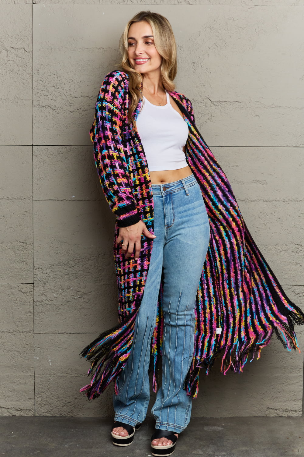 Multicolored Open Front Fringe Hem Cardigan - nailedmoms