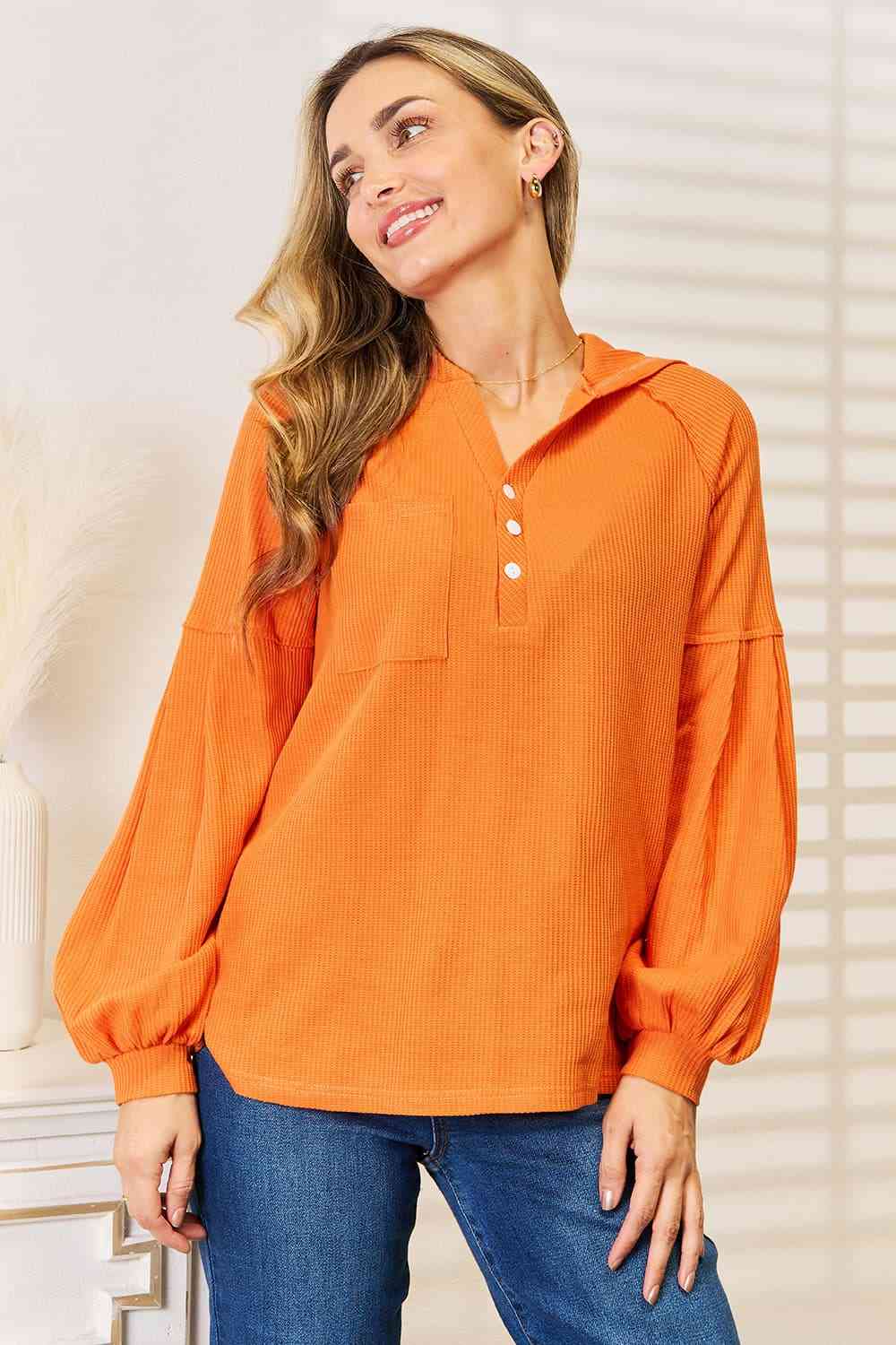 Basic Bae Side Slit Buttoned Waffle Knit Hoodie - nailedmoms