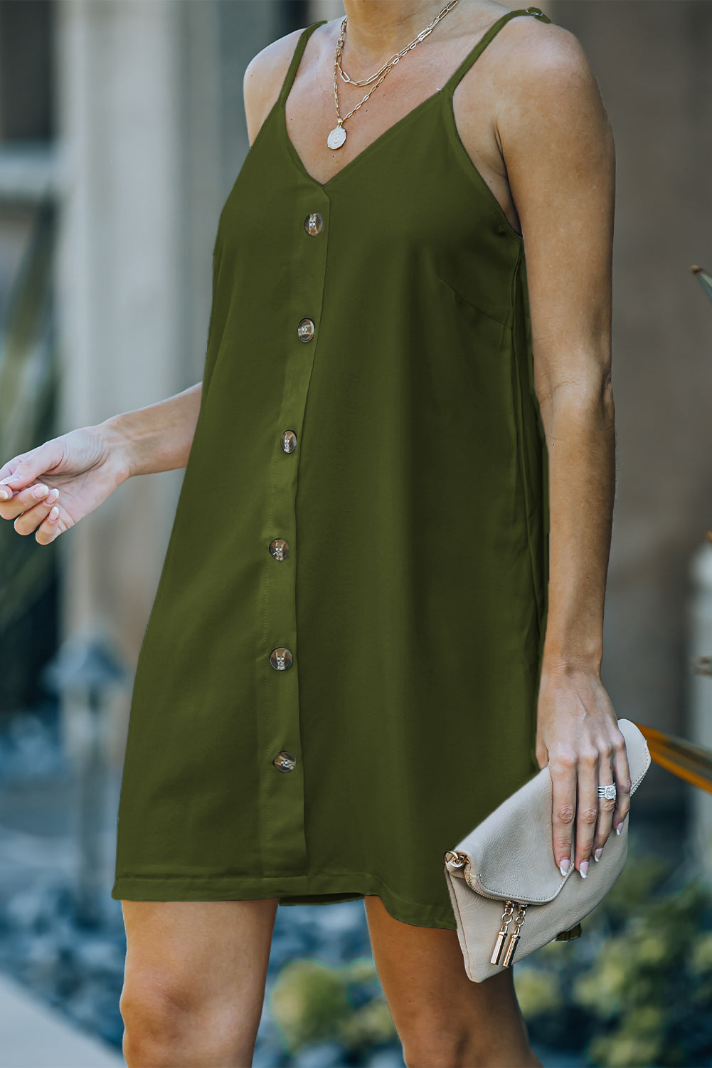 Buttoned Spaghetti Strap Dress - nailedmoms