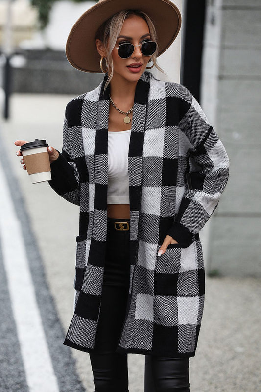 Plaid Dropped Shoulder Cardigan with Pocket - nailedmoms