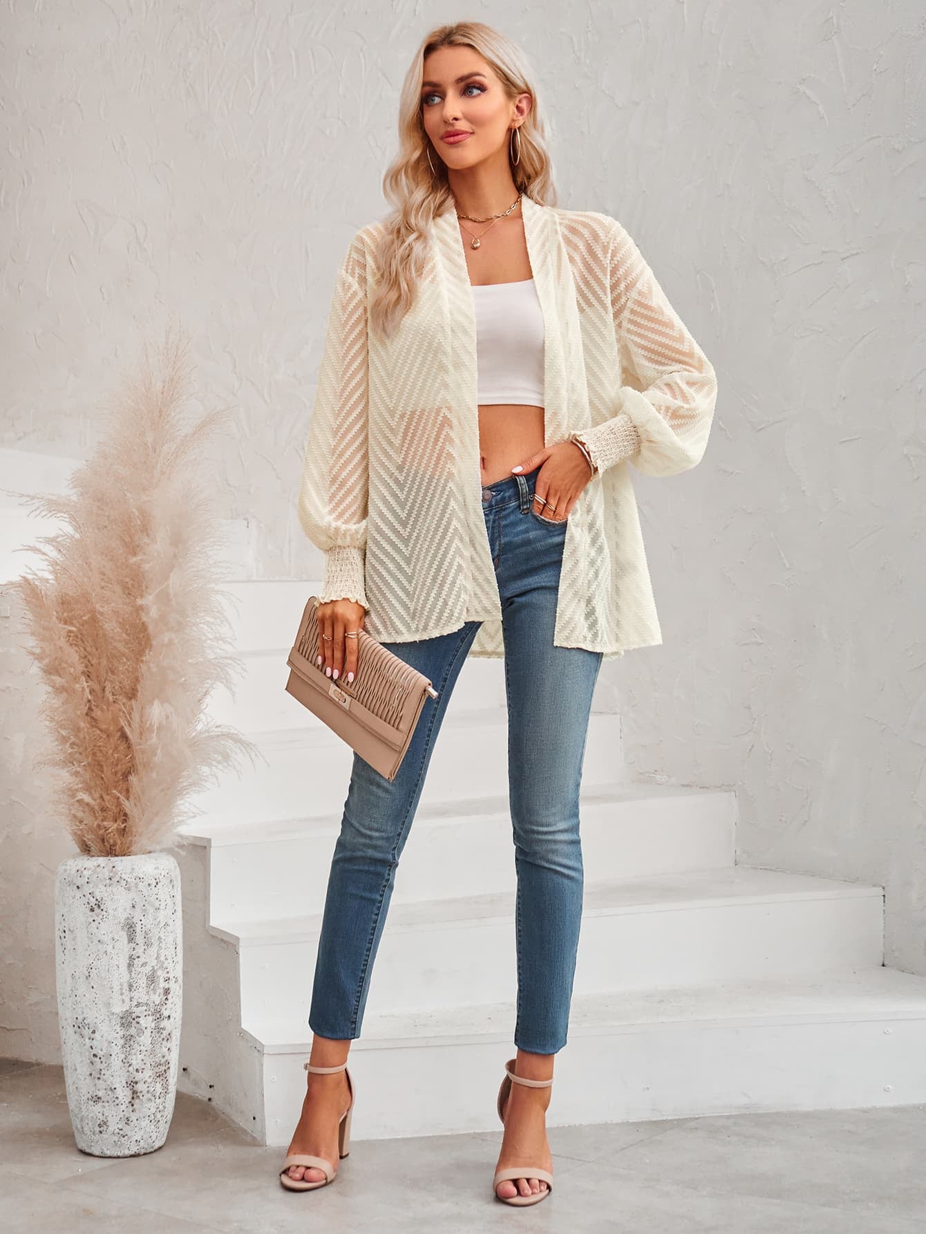 Lantern Sleeve Open Front Sheer Cardigan - nailedmoms