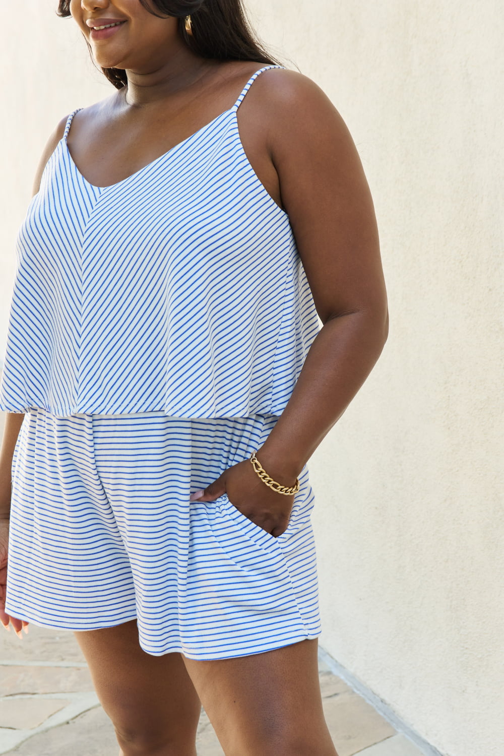 Culture Code Let It Happen Full Size Double Flare Striped Romper in Cobalt Blue - nailedmoms