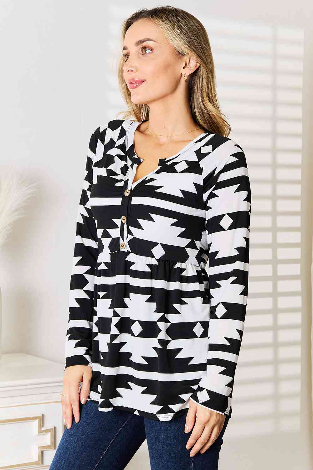 Heimish Full Size Geometric Notched Neck Long Sleeve Top - nailedmoms