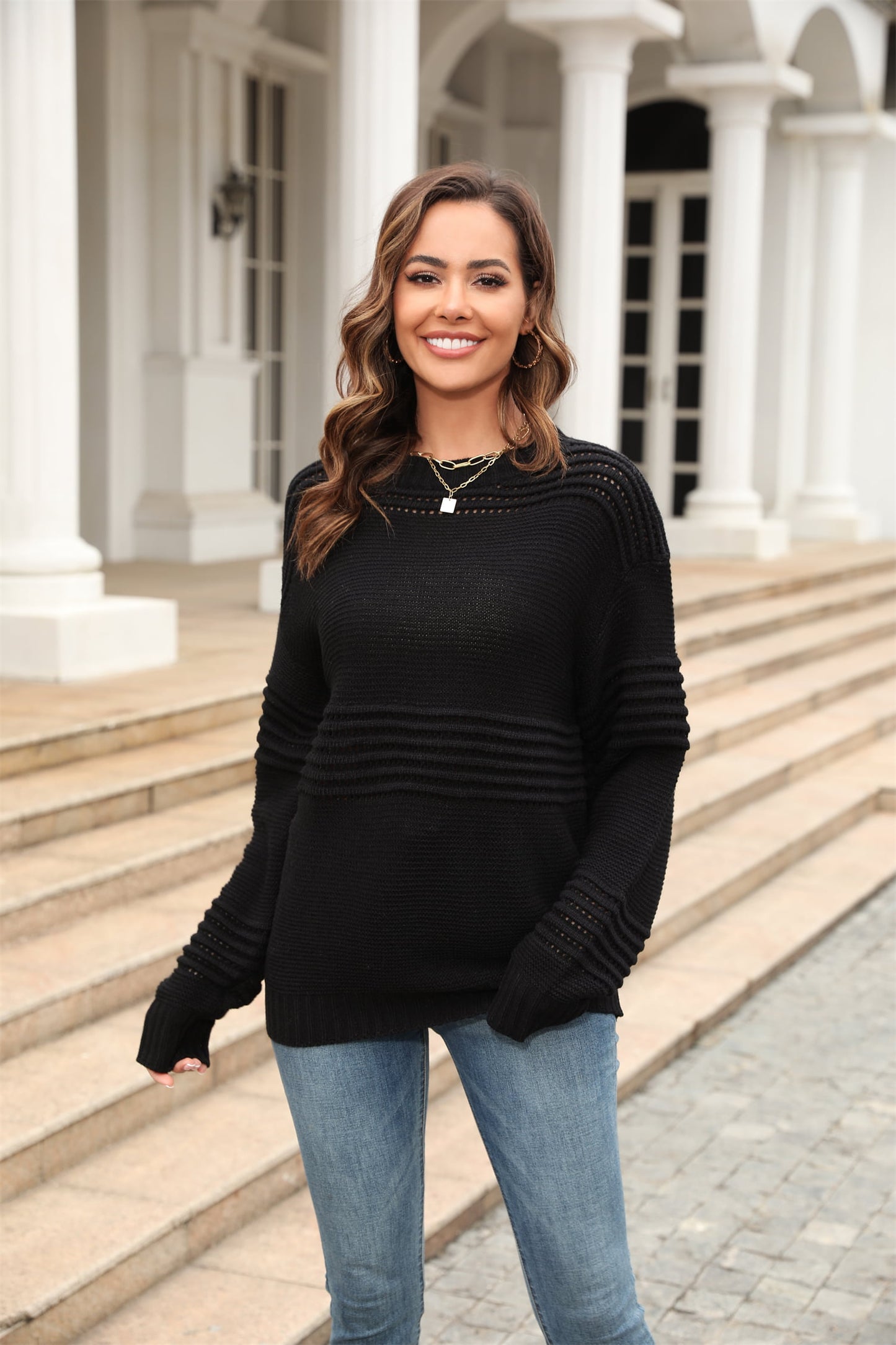 Round Neck Openwork Long Sleeve Pullover Sweater - nailedmoms