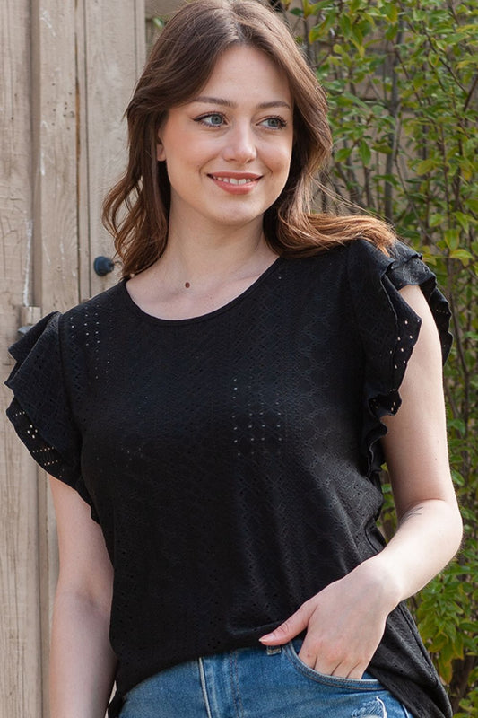 Eyelet Round Neck Flutter Sleeve Blouse - nailedmoms