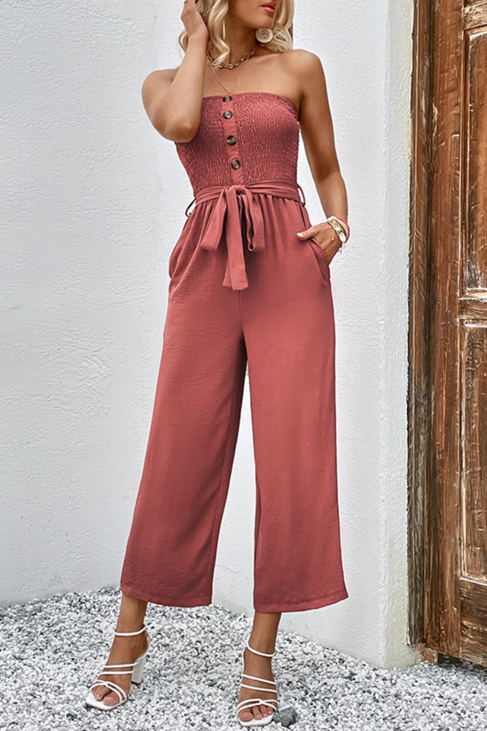 Decorative Button Strapless Smocked Jumpsuit with Pockets - nailedmoms
