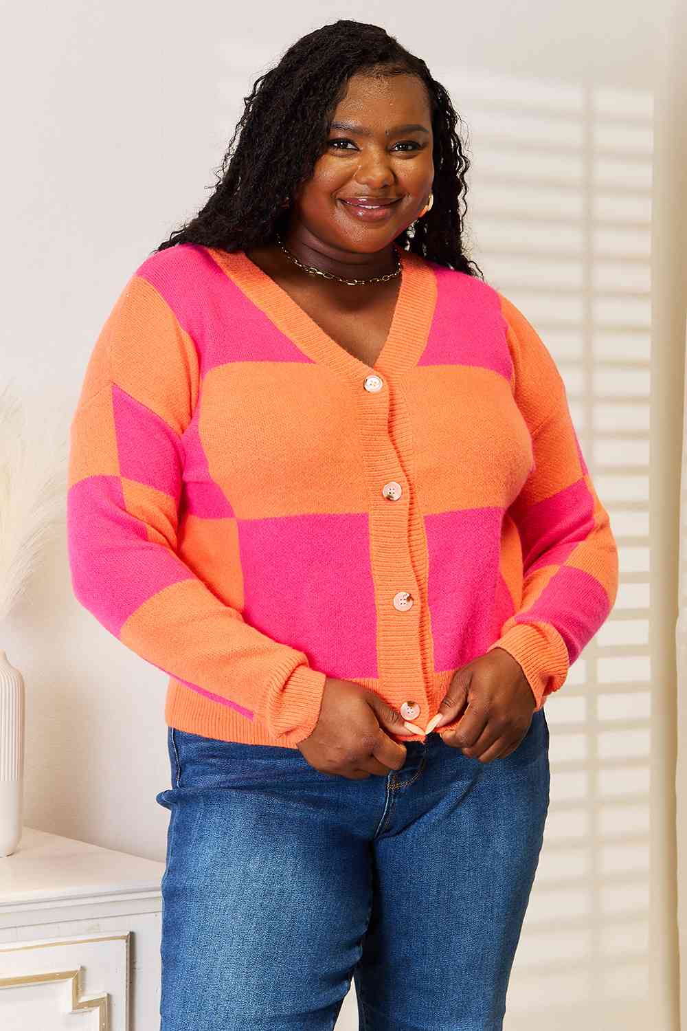 Woven Right Checkered V-Neck Dropped Shoulder Cardigan - nailedmoms