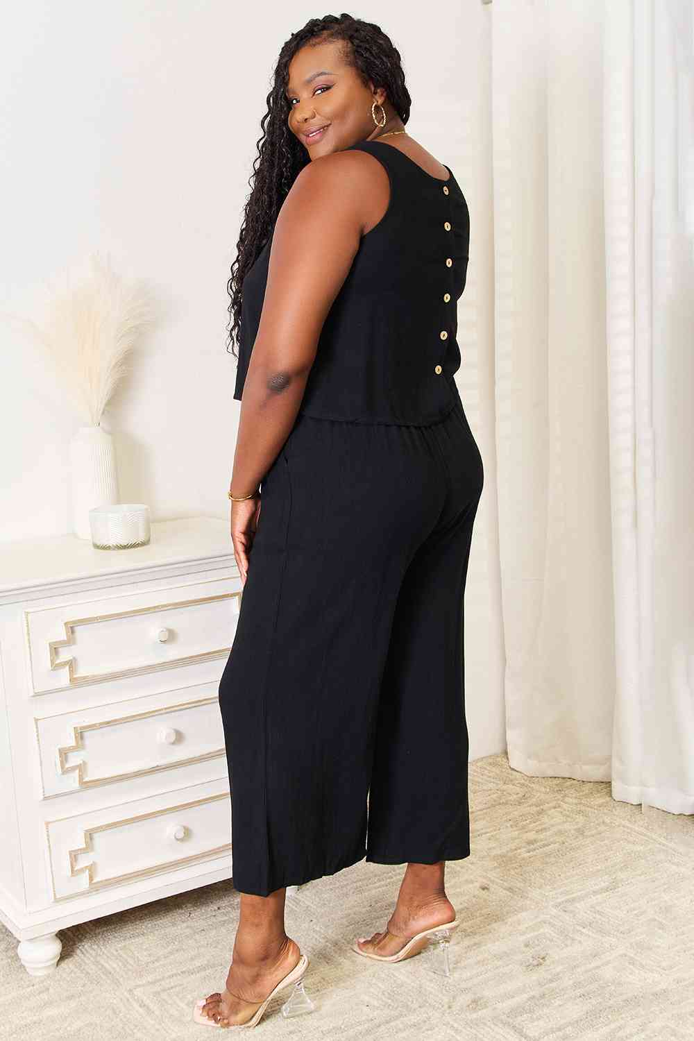 Double Take Buttoned Round Neck Tank and Wide Leg Pants Set - nailedmoms