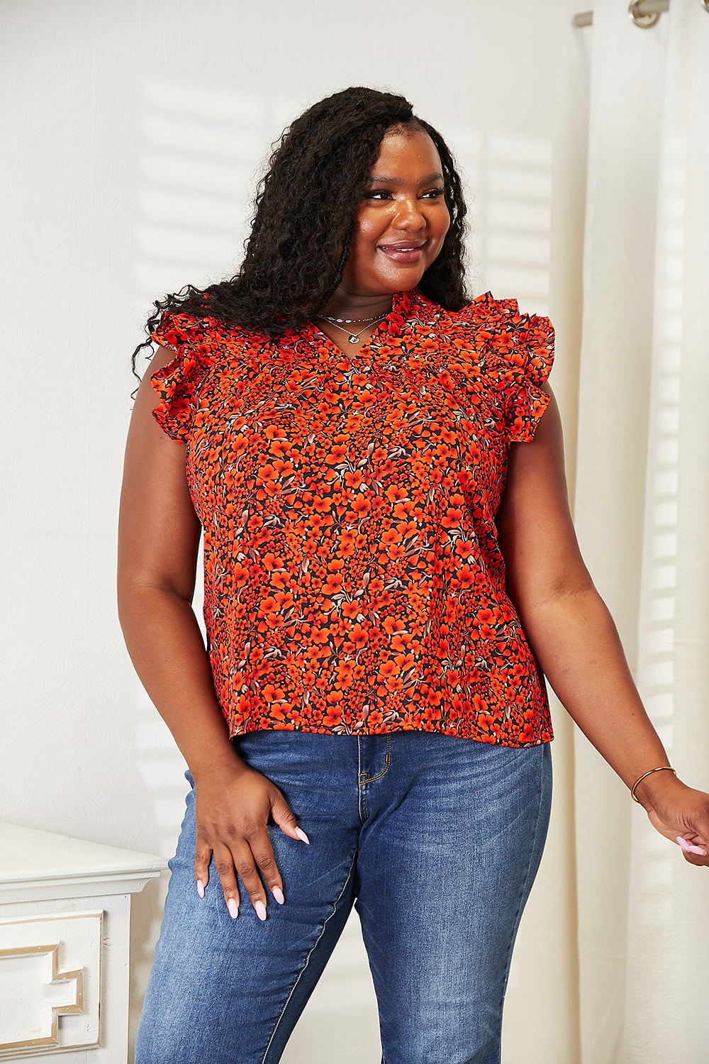 Double Take Floral Flutter Sleeve Notched Neck Blouse - nailedmoms