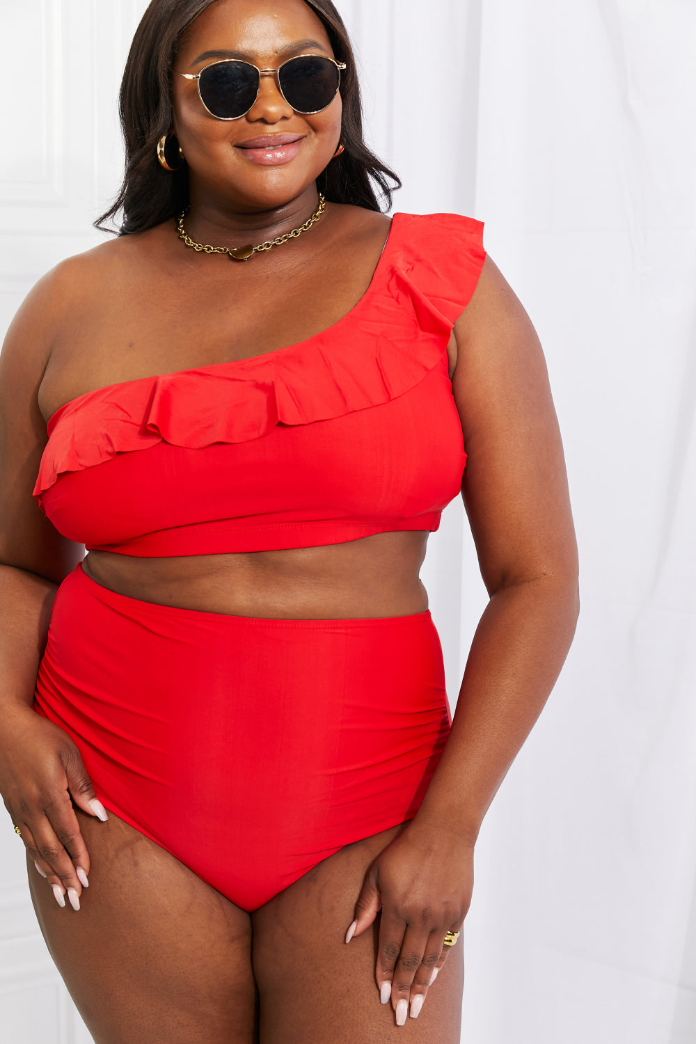 Marina West Swim Seaside Romance Ruffle One-Shoulder Bikini in Red - nailedmoms