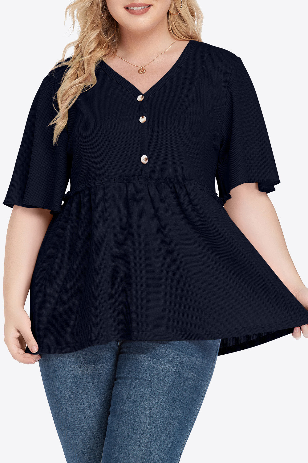 Plus Size Buttoned V-Neck Frill Trim Babydoll Blouse - nailedmoms