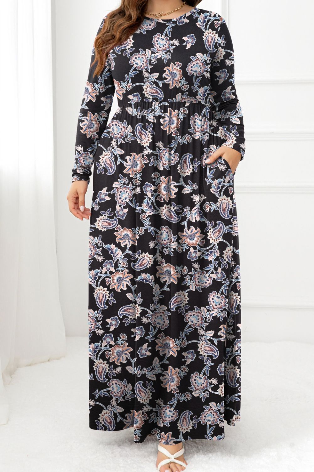Plus Size Round Neck Long Sleeve Maxi Dress with Pockets - nailedmoms