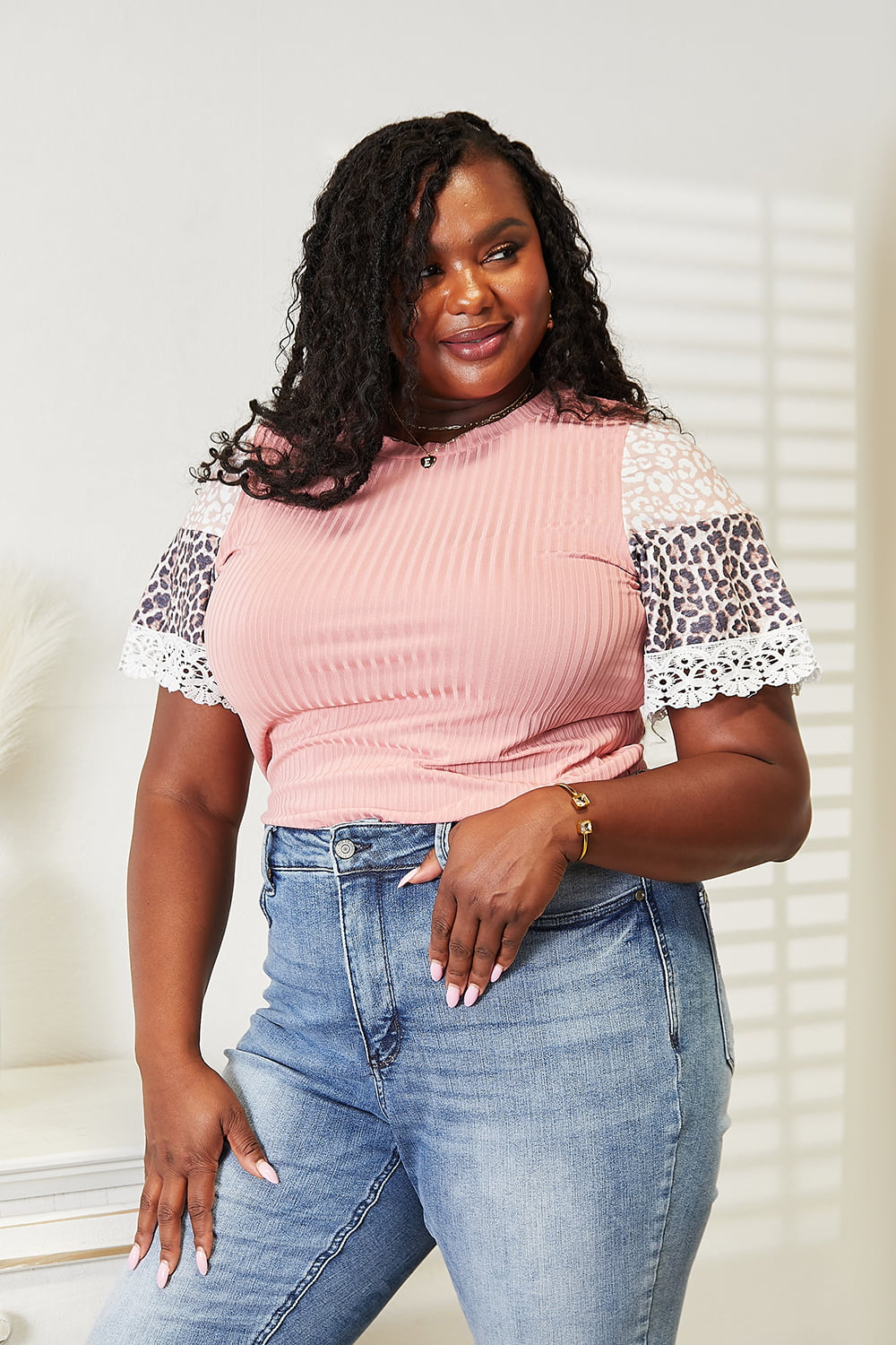 Double Take Leopard Lace Trim Ribbed Round Neck Top - nailedmoms