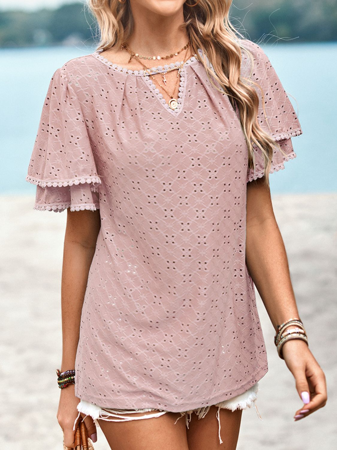 Eyelet Round Neck Puff Sleeve Blouse - nailedmoms