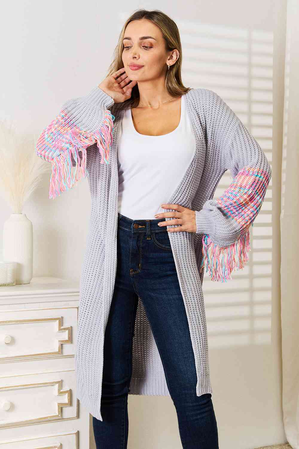Woven Right Fringe Sleeve Dropped Shoulder Cardigan - nailedmoms