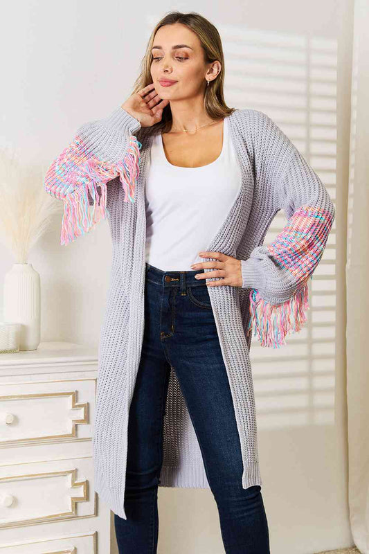 Woven Right Fringe Sleeve Dropped Shoulder Cardigan - nailedmoms