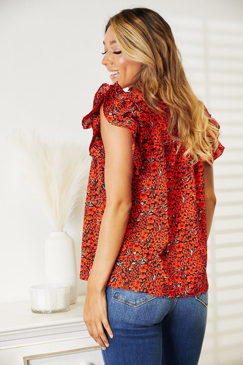 Double Take Floral Flutter Sleeve Notched Neck Blouse - nailedmoms