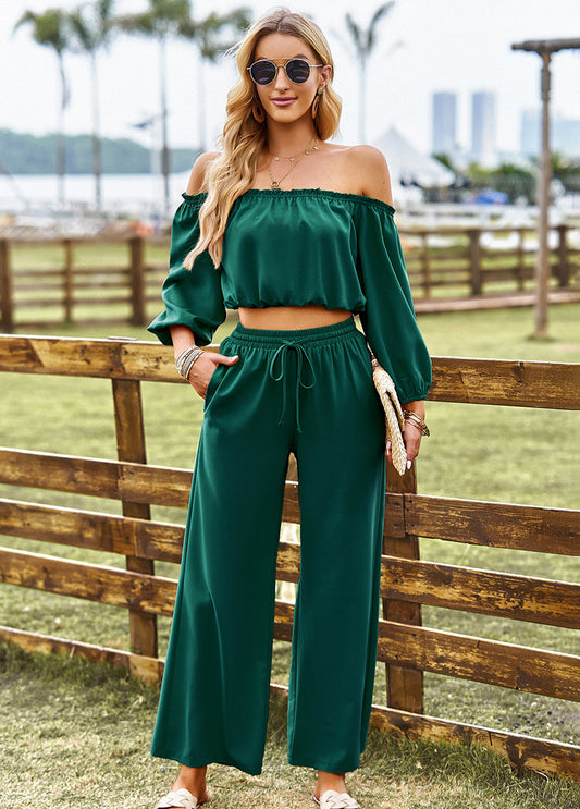 Off-Shoulder Blouse and Drawstring Waist Pants Set - nailedmoms