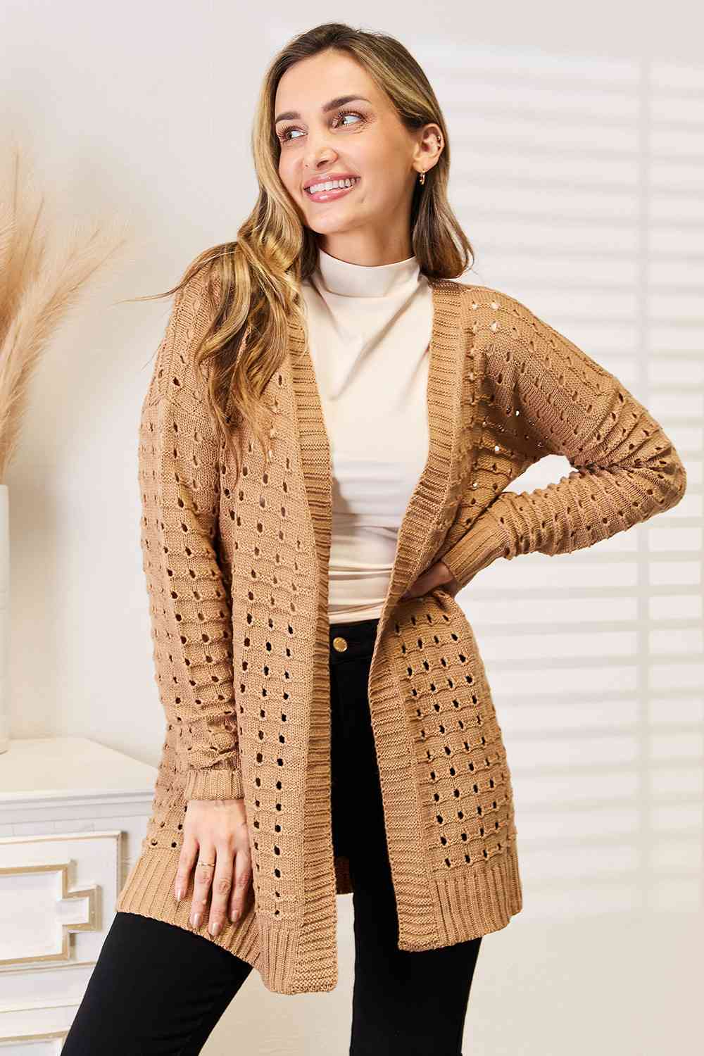 Woven Right Openwork Horizontal Ribbing Open Front Cardigan - nailedmoms