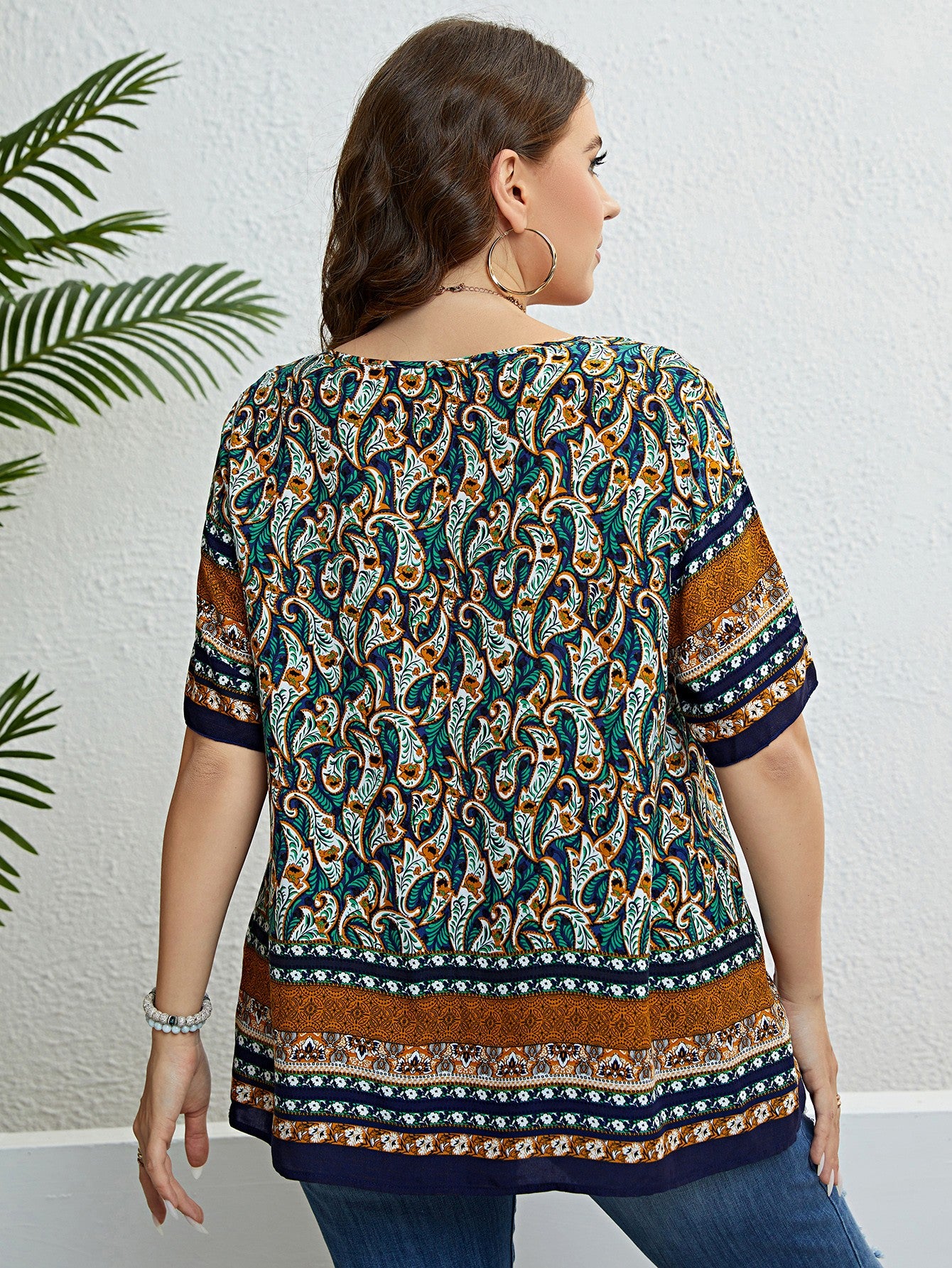 Plus Size Bohemian Printed V-Neck Blouse - nailedmoms