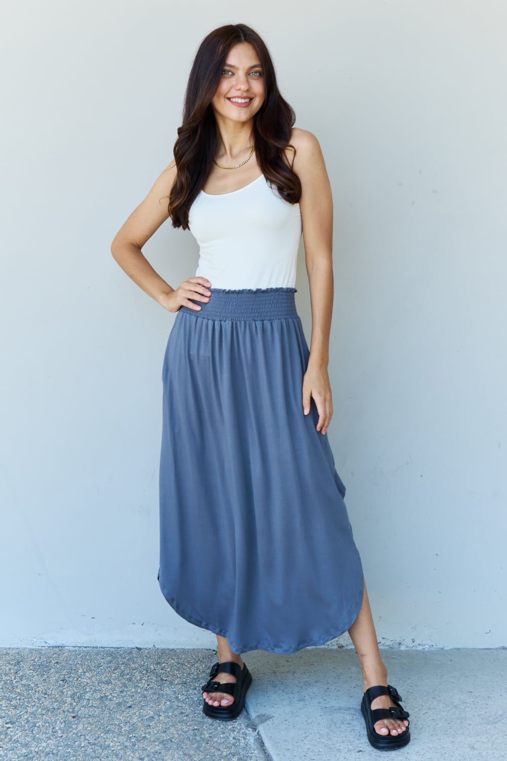 Doublju Comfort Princess Full Size High Waist Scoop Hem Maxi Skirt in Dusty Blue - nailedmoms