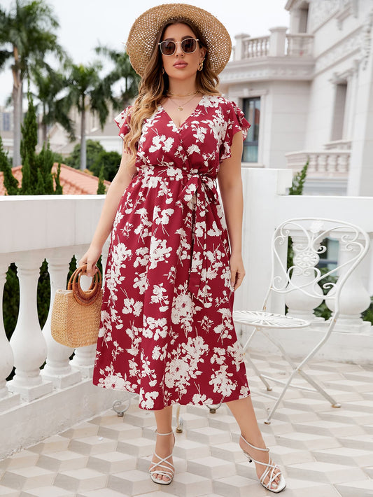 Plus Size Floral Tie Waist Surplice Neck Midi Dress - nailedmoms